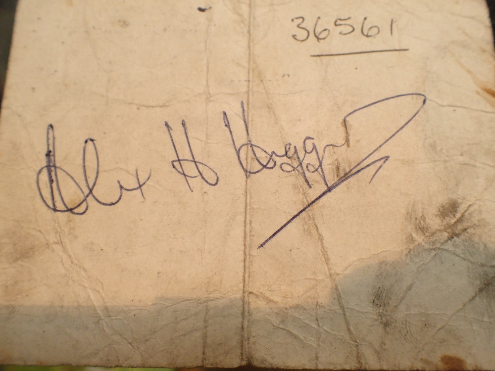 Alex Higgins autograph on a 1974 exhibition ticket