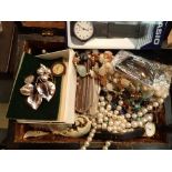 Box of mixed costume jewellery wristwatches penknives