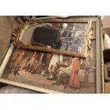 Large gilt wood rectangular mirror and a large print