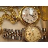 Yellow metal Swiss hunter pocket watch on a snake chain and a wristwatch