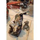 Large stemmed glass dish silver plated novelty clock and a Capodimonte figurine