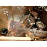 Box of collectables including three glass domes miniature bottles etc