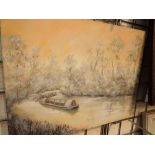 Pastel on canvas of a canal scene by D B Tackley 41 x 30 cm