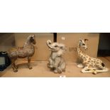 Two model giraffes one elephant two shire horses and two antique style horse figurines