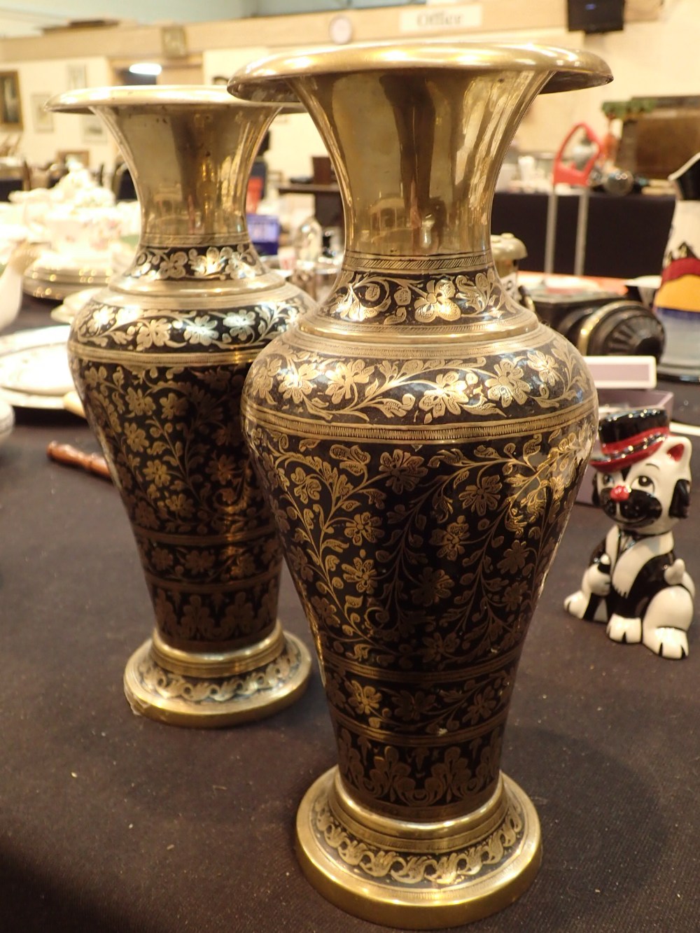 Pair of brass and enamel vases H: 30 cm