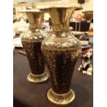 Pair of brass and enamel vases H: 30 cm