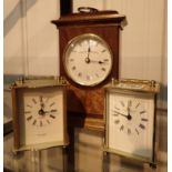 Pair of quartz carriage clocks and mahogany mantel clock with burr wood inlay