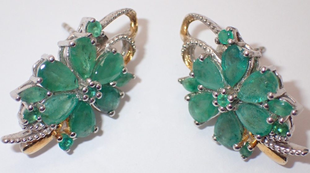 Silver fancy pear cut emerald set flower earrings approximately 5.