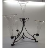 Four silver plated and etched glass trumpet epergne