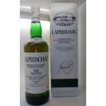 Bottle of Laphroaig single malt whisky 10 year old pre Royal Warrant 40 proof 75cl in a metal box
