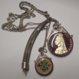 Enamelled 1887 florin and 1959 sixpence on white metal chains and a sterling silver topped mother
