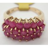 9ct gold three row ruby ring size K approximately 1.5ct 3.