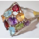 Silver multicoloured semi-precious stone set ring size O