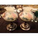 Pair of modern faux oil lamps with glass shades CONDITION REPORT: The electrical