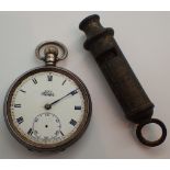 Hallmarked silver crown wind pocket watch and a vintage ARP whistle