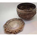 Large white metal (believed German silver) fruit bowl and octagonal plate both heavily decorated
