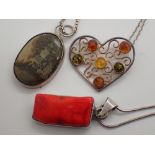Three 925 silver necklaces coral amber and another