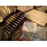 Cased silver plated fish knives and forks and boxed 1970s stainless steel fish knives and forks