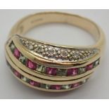 9ct yellow gold emerald diamond and ruby channel set ring size N 5.