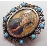 Hand painted Madonna on 800 silver and a turquoise set mount brooch