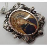 800 continental silver hand painted Madonna brooch