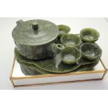 Natural green jade Chinese bamboo tea set cups and tray