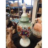 Large Victorian hand painted milk glass lidded vase H: 50 cm