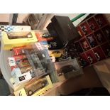 Tray of boxed Cameo and classic car models and a small display case with retail vans mini champ and