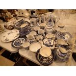 Group of blue and white ceramics including tea pots etc