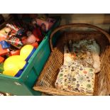 Box of childs toys and a trug containing a sewing box