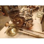 Group of mixed copper and brassware including coal scuttle bellows etc