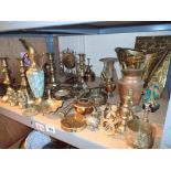 Shelf of mixed brass including candlesticks