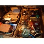 Vintage boxed primus stove two boxes of collectables includes clocks metalware and wooden boxes