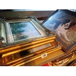 Three gilt framed landscape oil paintings with print of a working sheep dog