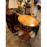 Three good tripod based tables including wine table and a three shelf folding cake stand