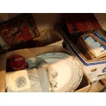 Five boxes of mixed items Masonic regalia board games annuals and ceramics