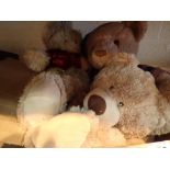 Box of soft toys including Harrods teddy bears