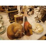 Two Quartz mantel clocks carved duck and cat figurine