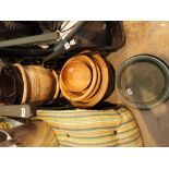 Seven Terracotta garden pots and two plastic cauldron and trays