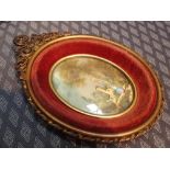 Miniature brass and velvet framed oil painting indistinct signature