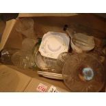 Box of vintage glassware including soda syphon