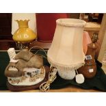 Group of table lamps ceramic oak etc with an unusual cottage lamp CONDITION REPORT: