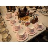 Pink Grafton tea set with a chicken egg holder and a quantity cruets