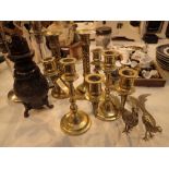 Collection of brass pewter and silver plate including birds lamp and candlesticks