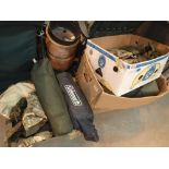 Three boxes of military camouflague clothing tents etc