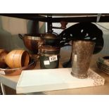 Quantity of plated ware with cast metal bookstand coopered oak fruit bowl etc