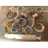 Box of costume jewellery rings and a pipe smokers penknife