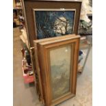 1970s style print in a mahogany double frame with hessian border with a bevelled edged mirror and