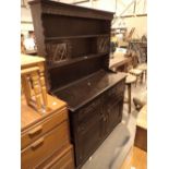 Cottage style dark oak Welsh dresser with two shelf back and glazed cupboards