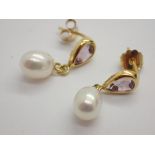 9ct gold genuine pearl and amethyst drop earrings